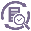 Purple icon showing a document with a magnifying glass and check mark, surrounded by circular arrows, symbolizing process verification and completion