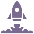 Purple rocket icon with a simple design, pointing upwards. It symbolizes launch or growth.