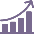 A purple bar chart with an upward trend arrow, symbolizing growth and progress.