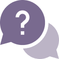 Chat bubbles icon in purple features two overlapping ovals. The front bubble shows a question mark, symbolizing conversation and inquiry