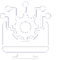 Icon of a purple gear emerging from a computer screen with circuit lines, symbolizing technology and innovation